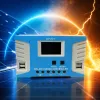 The blue solar charging controller features intelligent charging and discharging protection, compatible with 12V and 24V Specification image